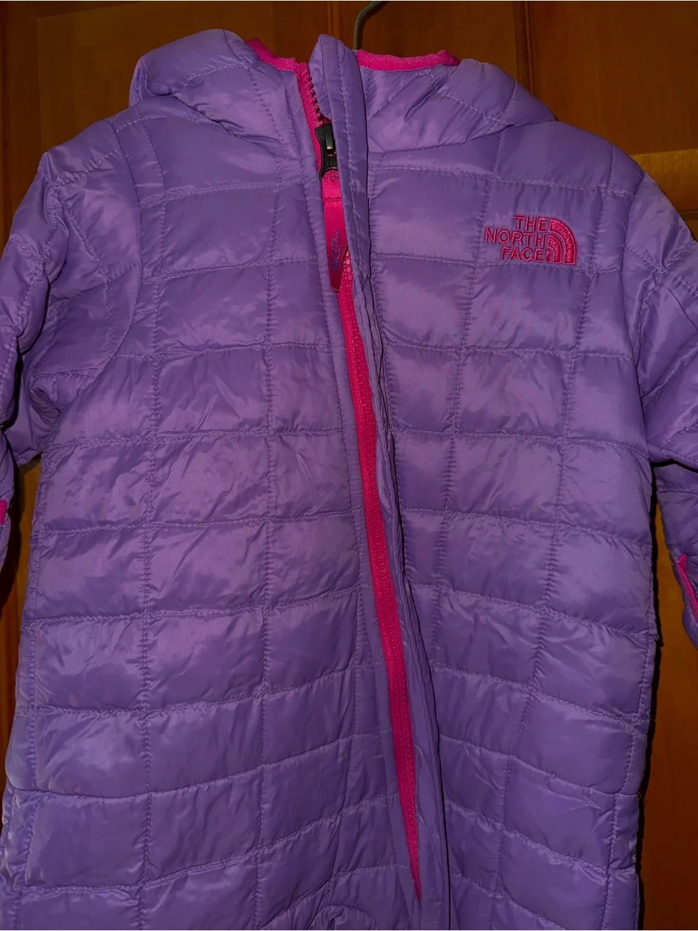 The North Face Lavender Quilted Baby Snowsuit with Pink Trim